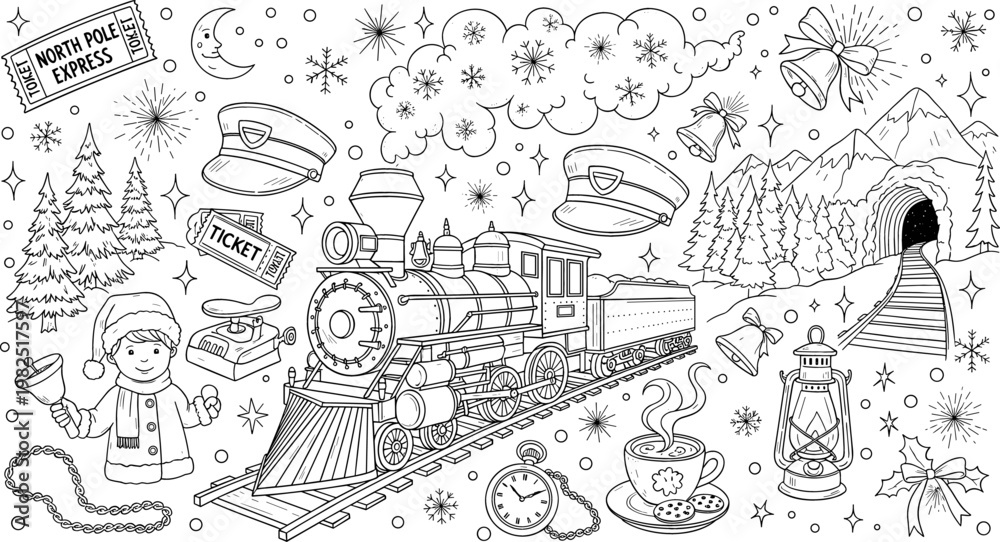 Obraz premium Magical North Pole Express Christmas Train with Ticket, Lanterns, Snowy Mountains, and Festive Bells for Holiday Celebration