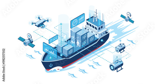 An isometric illustration of a cargo ship transporting containers with drones and satellite icons rendered in a crisp monochromatic blue color scheme.