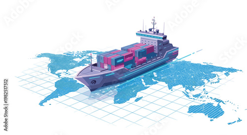 An isometric cargo ship sailing across a digital pixelated world map rendered in vibrant shades of blue and purple with a clean professional finish.