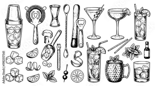 Vector illustration of various cocktail glasses and bar tools