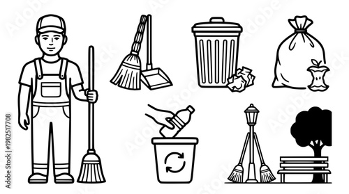 Janitor with cleaning tools and trash cans illustration