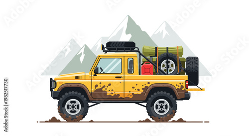 Sturdy yellow pickup truck featuring a rear cargo bed loaded with essential gear and a spare tire mounted on the roof rack under distant mountain peaks.