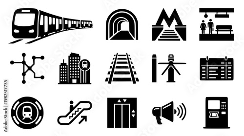 Black and white vector graphic illustration of train icons