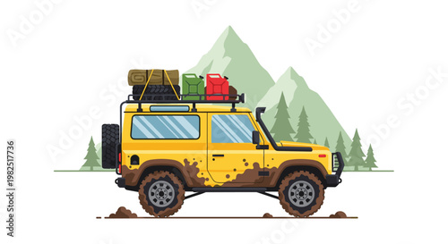 Rugged yellow off-road vehicle equipped with a heavy-duty roof rack and camping gear traversing a scenic landscape with stylized mountain peaks behind.