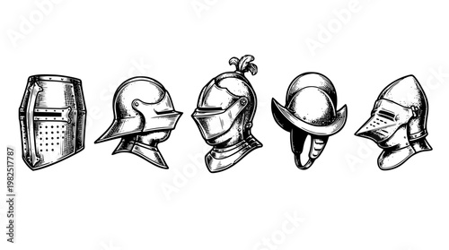 Medieval knight helmets and armor head gear vector illustration