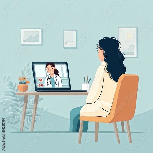Woman attending a virtual doctor appointment at home, sitting on a chair with a laptop displaying a healthcare professional.
