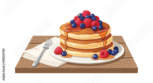 A delicious stack of golden fluffy pancakes is generously topped with fresh berries and sweet maple syrup on a rustic wooden board for breakfast dining.
