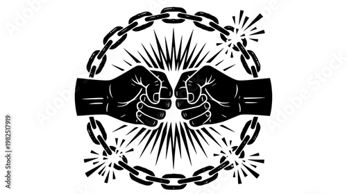 Breaking free with powerful fists and broken chains illustration