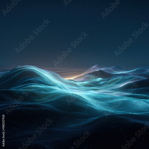 Glowing, futuristic waves under a starry night sky create a surreal, digital ocean scene with luminous, flowing lines and a mysterious ambiance.