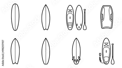 Various vector illustrations of surfboards and paddleboards designs