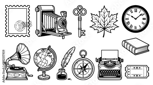 Vector illustration of various vintage objects and symbols