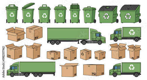 Various green recycling bins and stacked cardboard boxes are organized in a grid pattern to demonstrate sustainable waste management and sorting practices.