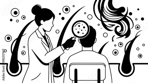 Dermatologist examines patient's scalp with a magnifying glass closely
