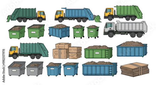 A comprehensive collection of industrial waste management vehicles and heavy-duty dumpsters arranged neatly against a clean and bright white backdrop area.