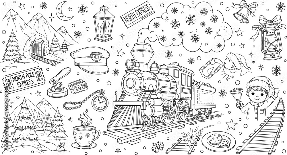 Fototapeta premium North Pole Express Train Scene with Christmas Snow, Holiday Decorations, Santa’s Ticket, and Winter Wonderland Elements