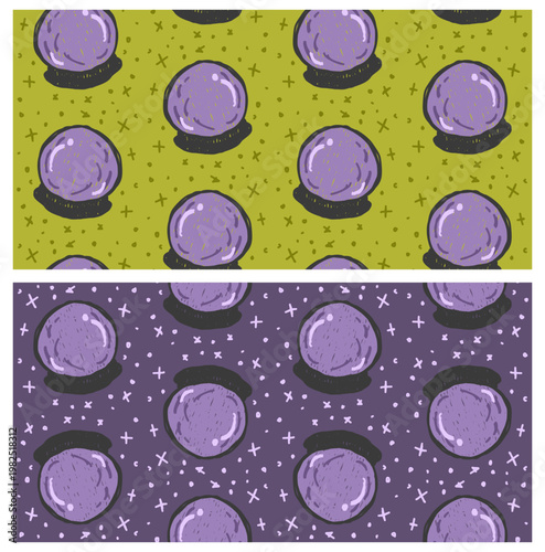 Halloween Crystal Ball Seamless Pattern Set, Hand Drawn Magical Witch Sphere Background for Festive Fabric and Stationery