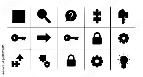 Puzzle icons doodle vector set with problem solving symbols and colorful flat design elements in grid layout