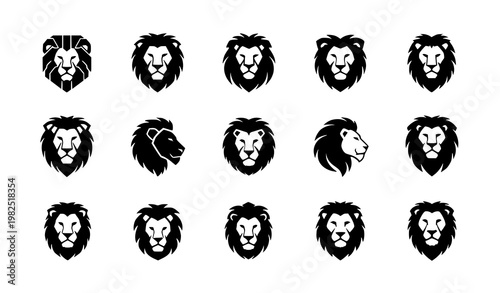 Lion head icon collection vector stylized animal silhouette logos isolated on white background