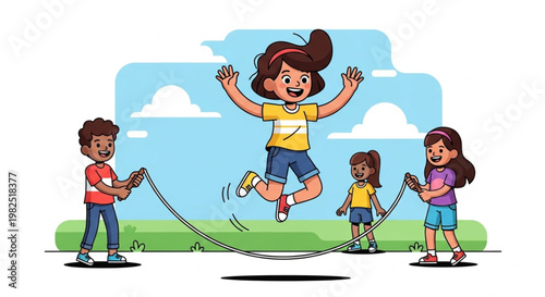 Joyful Children Playing Jump Rope Outdoors