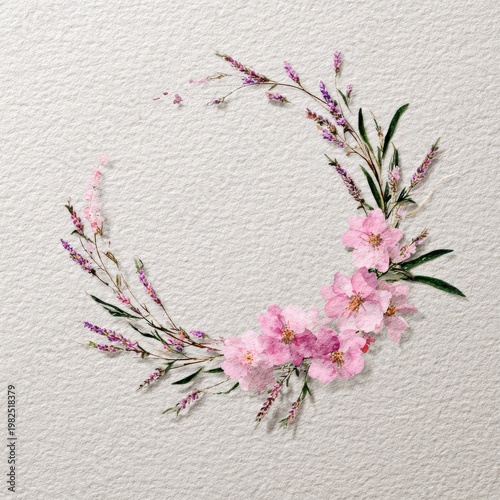 A delicate wreath of pink flowers and green leaves arranged in a circular pattern on a textured white background.