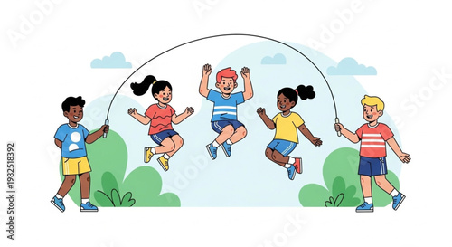 Happy Children Playing Jump Rope Together Outdoors Illustration