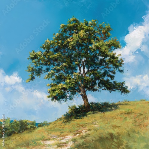 A lone tree on a grassy hill under a bright blue sky with scattered clouds.