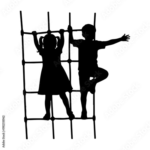 Children silhouettes climbing a rope net playground, vector illustration