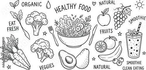 Hand drawn healthy food illustration a sketch of organic fruits vegetables and nutritious eating concepts