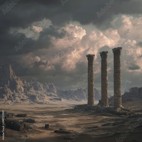 Ancient ruins with three towering columns set against a dramatic, cloudy sky in a rugged landscape.