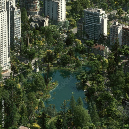 A city park with lush greenery, tall trees, and a central water feature surrounded by modern high-rise buildings.