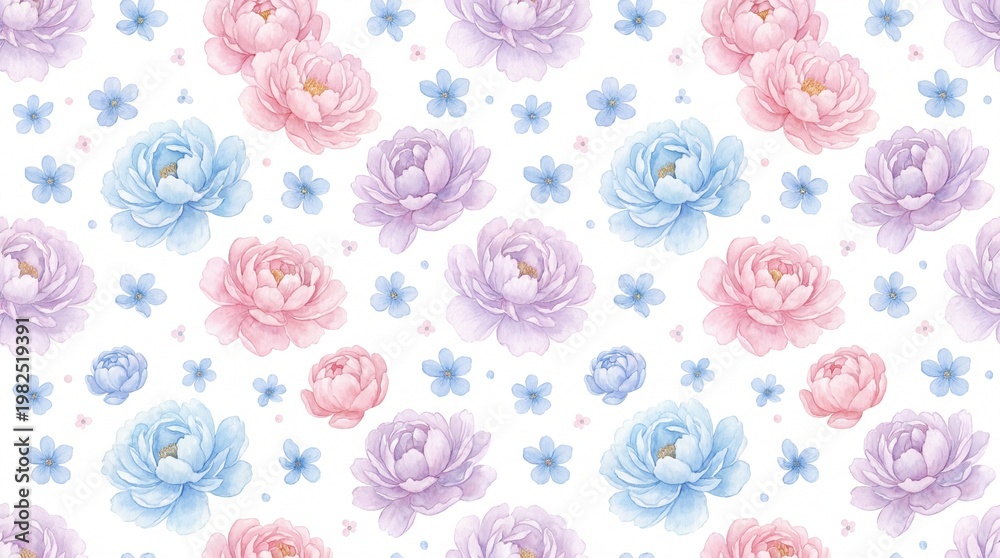 Fototapeta premium A beautiful floral pattern featuring pastel roses and small flowers on a white background