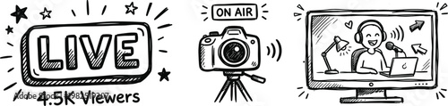 Doodle style illustration depicting live streaming and video recording equipment showcasing modern digital content creation