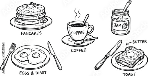 A charming sketch depicts a delightful breakfast spread with pancakes coffee eggs toast and butter