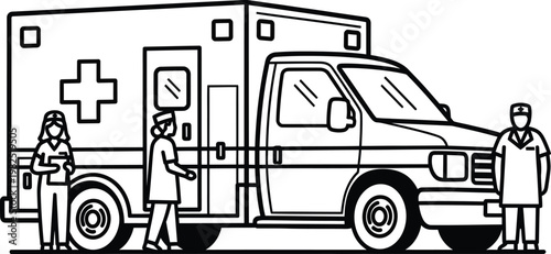Ambulance with Medical Staff Line Illustration