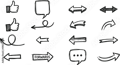 Hand drawn communication icons thumbs up speech bubbles and arrows in a sketchy style