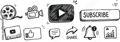 Hand drawn youtube icons a sketchy representation of video sharing and online content creation