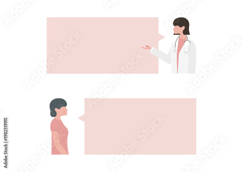 医療説明をする女医と健康相談をする高齢女性の吹き出しベクターイラスト素材
