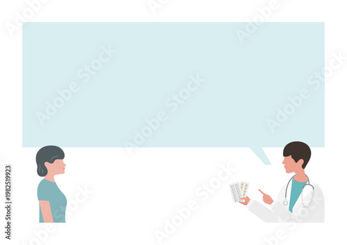 薬の説明をする医師と高齢女性の吹き出しベクターイラスト素材