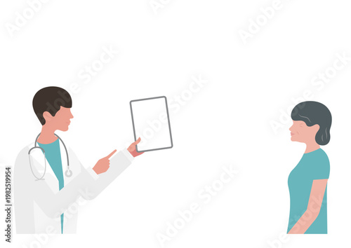 高齢女性にタブレットで説明をする医師のベクターイラスト素材