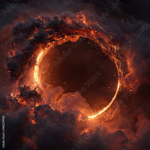 A fiery cosmic ring with glowing flames and dark clouds, resembling a dramatic celestial event or space phenomenon.