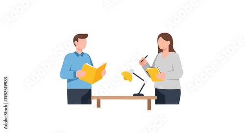 Two professionals are working together, with a man reading from a folder and a woman taking notes next to a desk lamp.