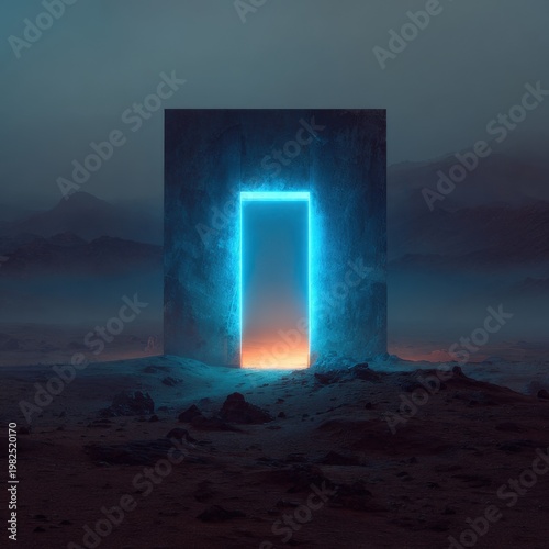 An illuminated futuristic doorway in a desolate landscape at dusk, emitting vibrant blue and orange glow amidst rocky terrain and distant mountains.