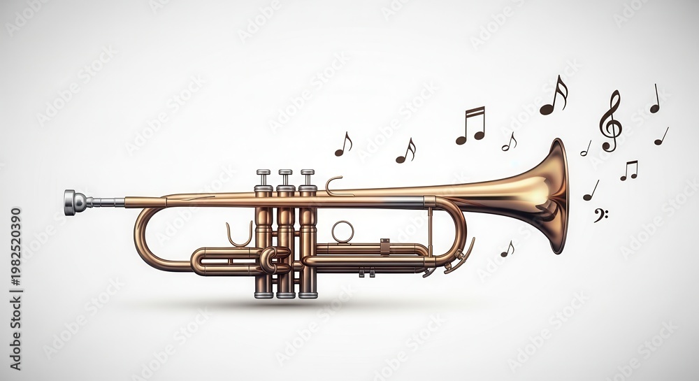 Obraz premium Golden brass trumpet illustration emitting dynamic musical notes and symbols against a bright