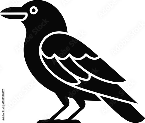 Black crow silhouette with simple white outline detail against white background vector illustration