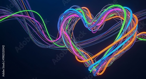 Colorful Glowing Heart Symbol Made of Fiber Optic Cables and Digital Data Wires