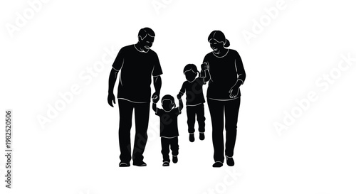 Full length black silhouette vector graphic illustration of a joyful young family with two children walking together, emphasizing love and unity.