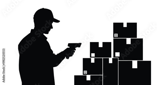 Warehouse worker silhouette vector graphic design shows a person scanning shipping boxes for inventory tracking purposes in a professional supply chain and logistics distribution business setting