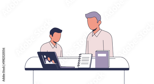An illustration of a mentor guiding a student sitting at a desk with a laptop and educational materials, emphasizing learning and collaboration.