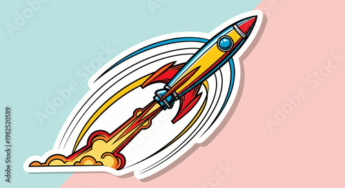 Cartoon toy rocket ship blasting off.