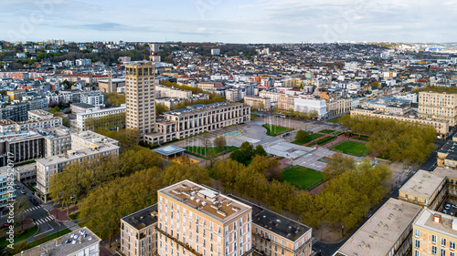 Canvas Print Aerial view of Le Havre City Hall and main square, modernist urban planning by A